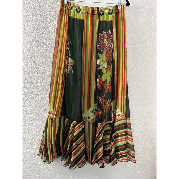 Anu By Natural Maxi Skirt Sz L Black Green Red Floral Stripe Boho Hippie Peasant - Picture 1 of 9